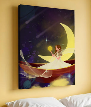 Enchanted night scene with a fairy on a crescent moon