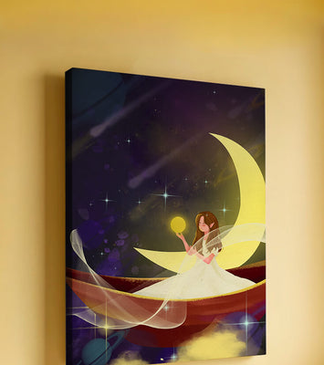 Enchanted night scene with a fairy on a crescent moon