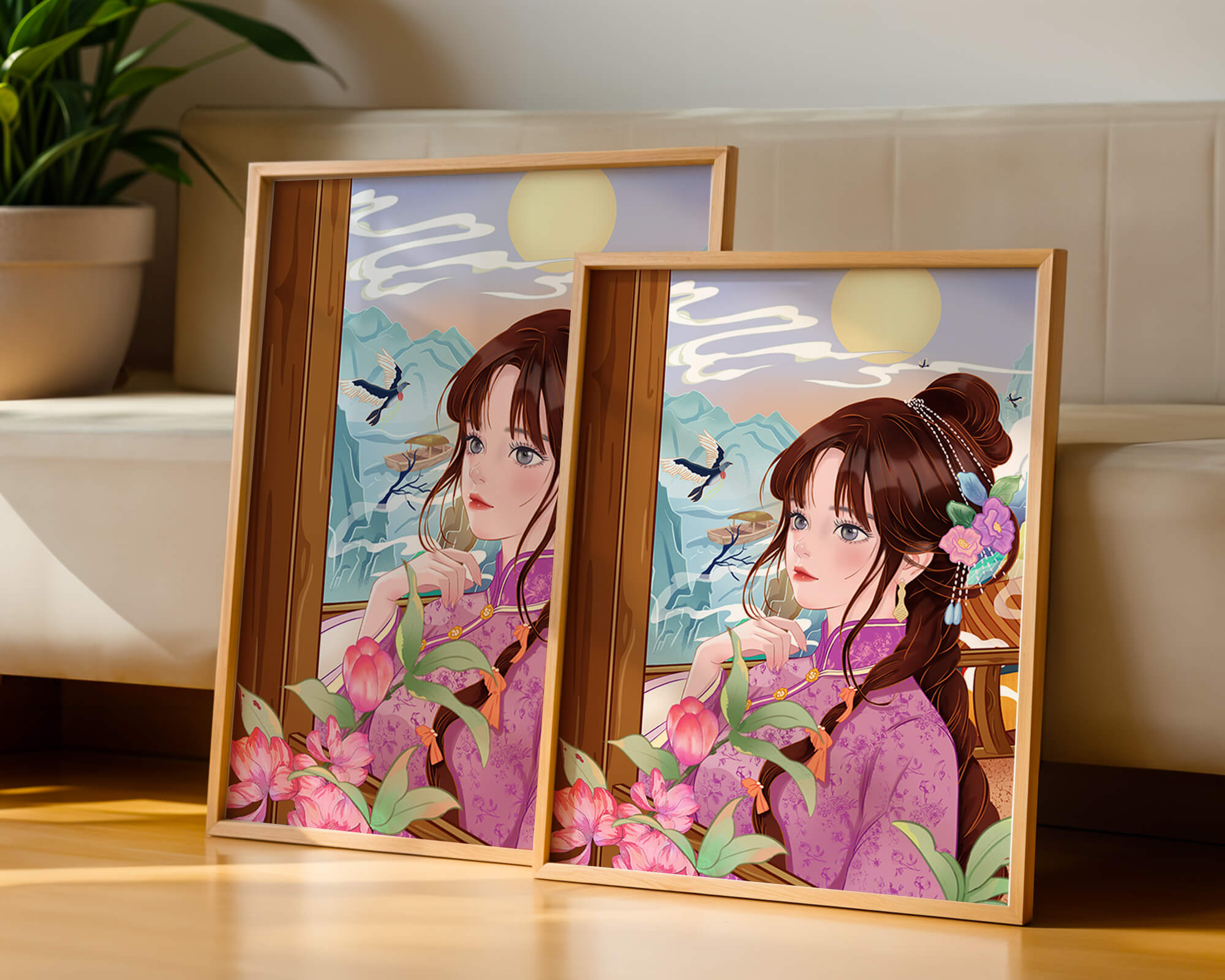 Serene landscape with a woman in traditional dress and mountain view