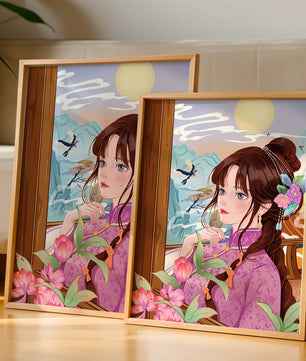 Serene landscape with a woman in traditional dress and mountain view