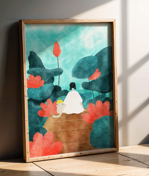 Serene scene with a person and cat among large leaves and flowers