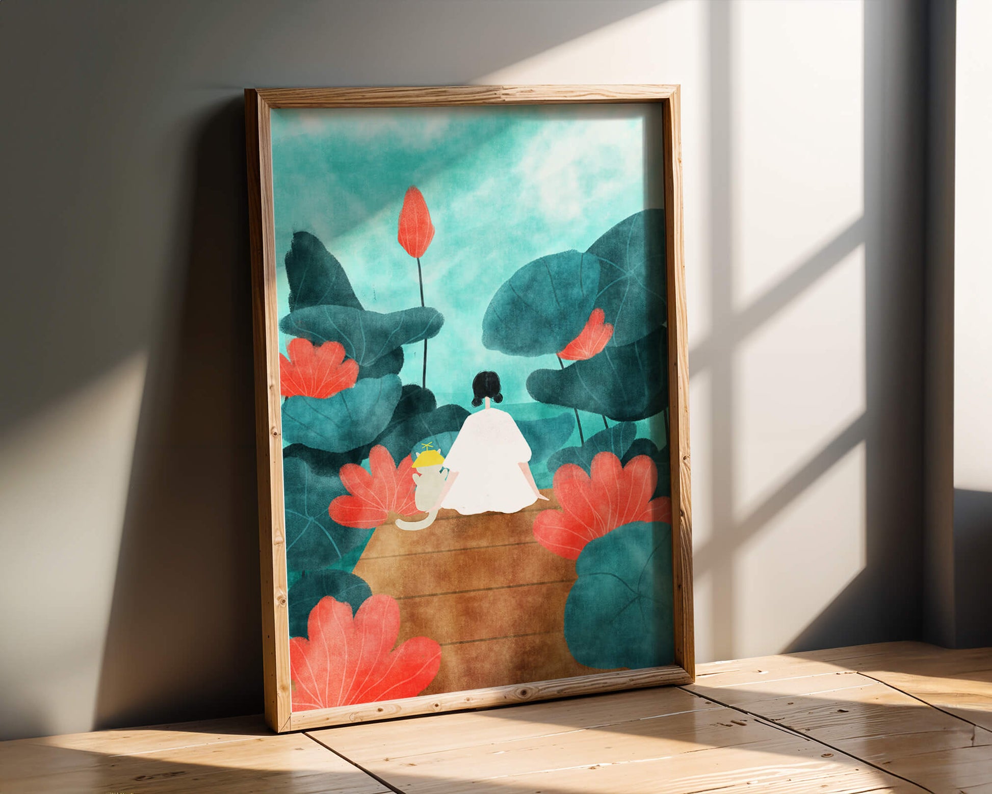 Serene scene with a person and cat among large leaves and flowers