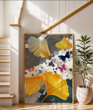 Artistic Composition with Yellow Leaves and Butterflies