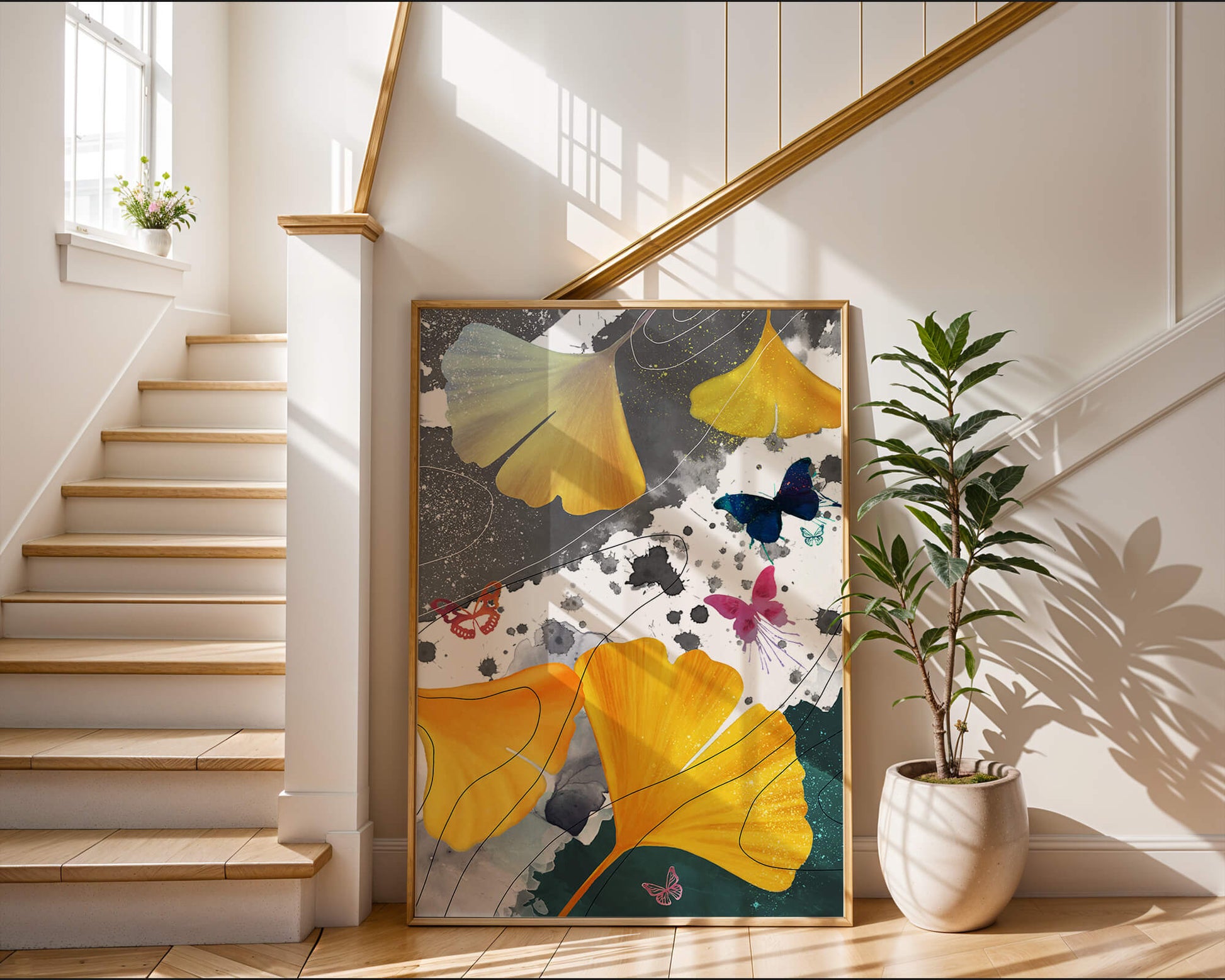 Composición artística con hojas amarillas y mariposas