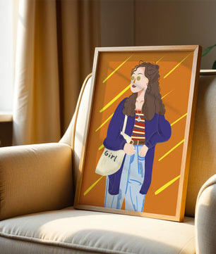 Mujer elegante con ropa casual, gafas de sol y bolso en un fondo naranja