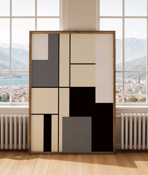 Abstraktes geometrisches Design mit gedämpften Farbtönen und kräftigen Linien