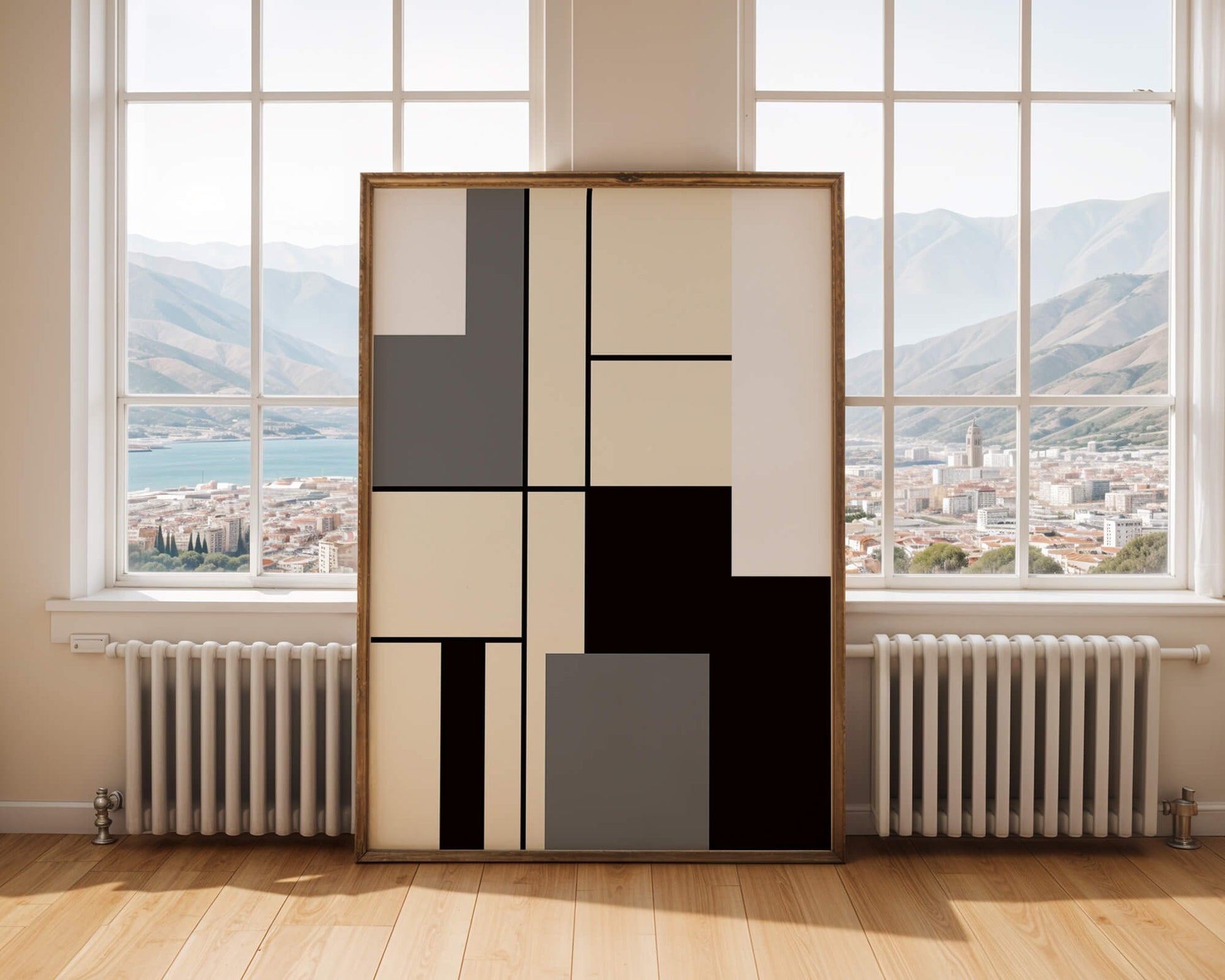 Abstract geometric design with muted shades and bold lines
