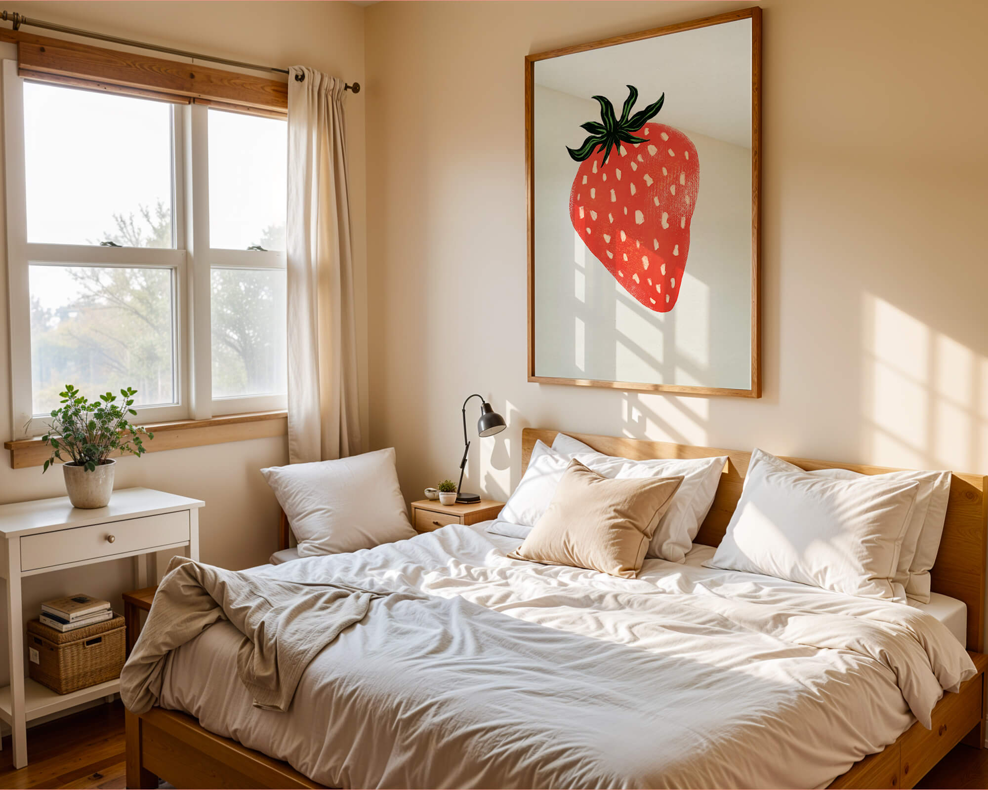 Illustrative design of a vibrant red strawberry with green leaves
