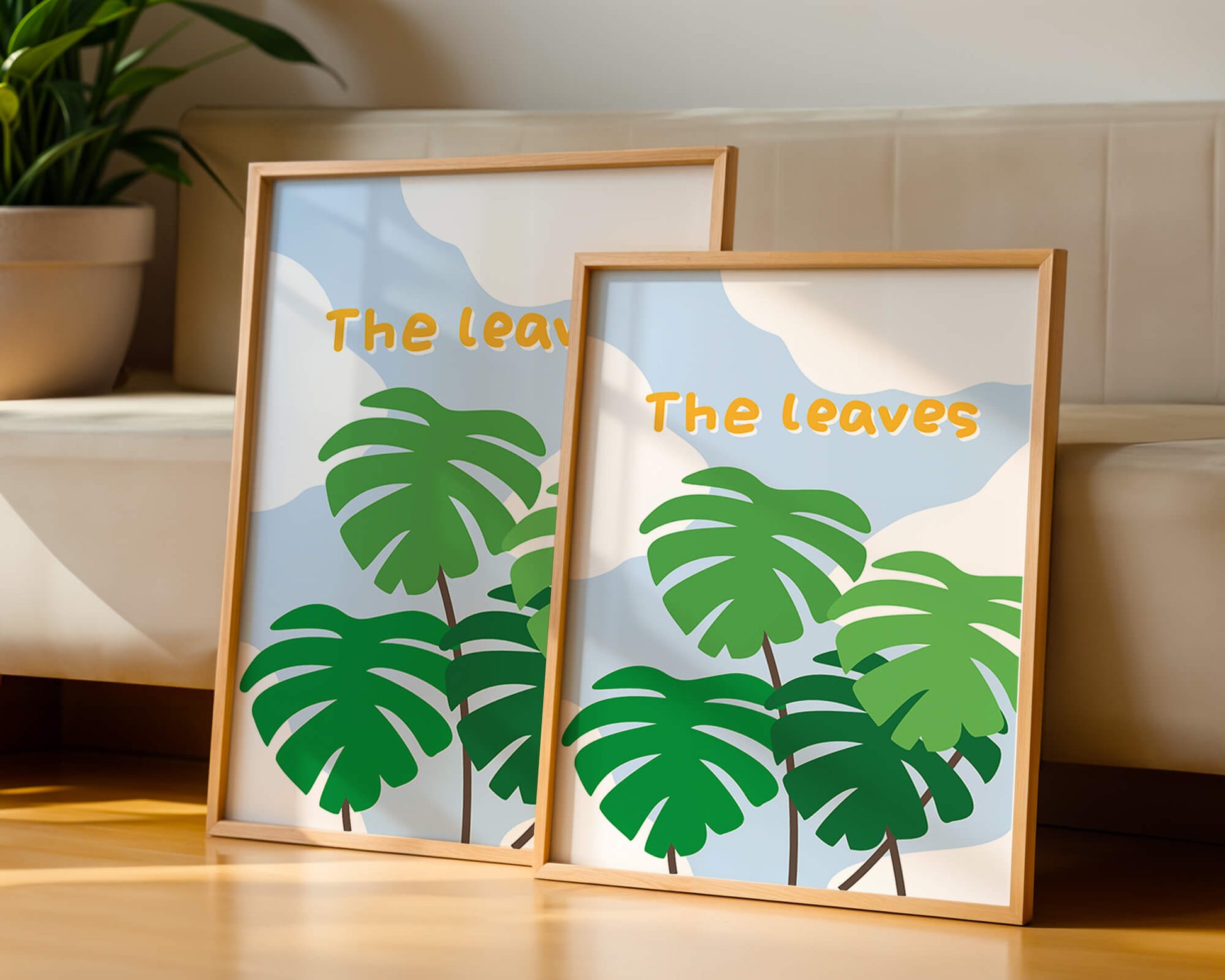 Illustrative tropical leaves with blue sky background for home decor