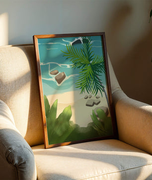 Serene tropical beach scene with lush greenery and calm waves