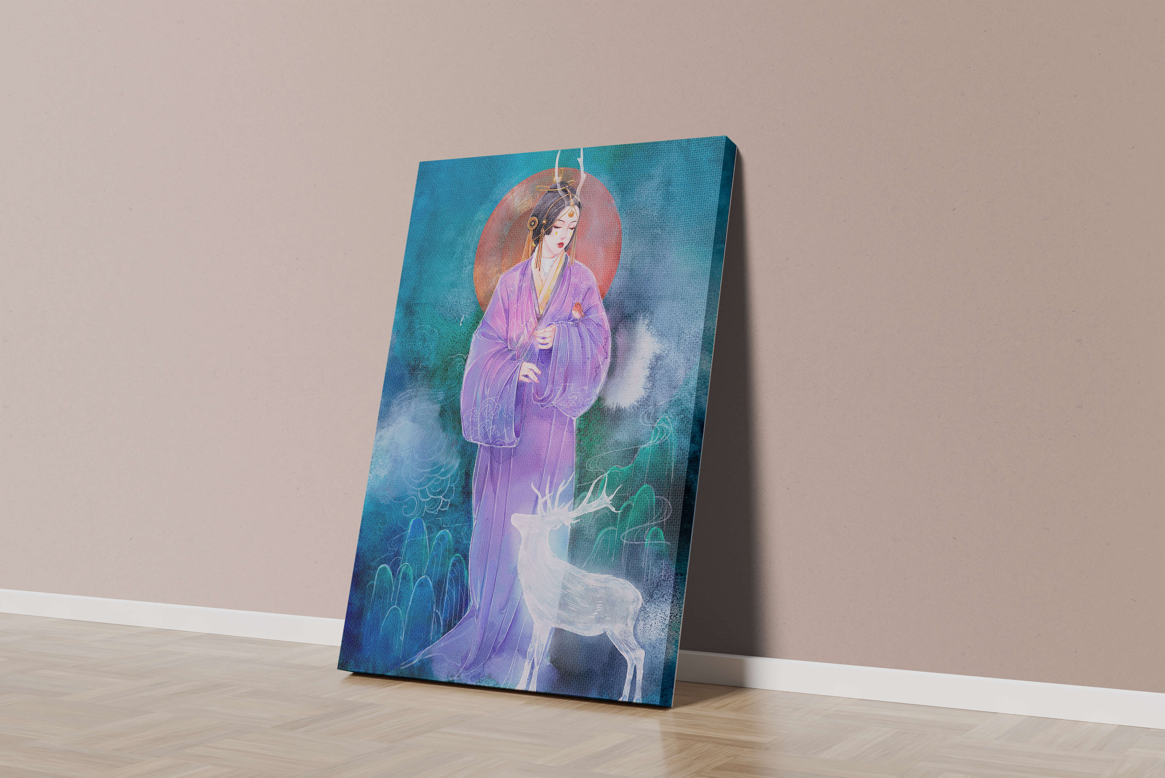 Elegant woman in traditional attire with a mystical deer set against a serene backdrop