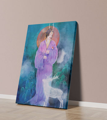 Elegant woman in traditional attire with a mystical deer set against a serene backdrop