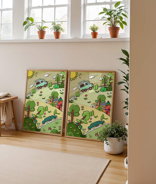 Whimsical landscape with houses, cars, and colorful flora