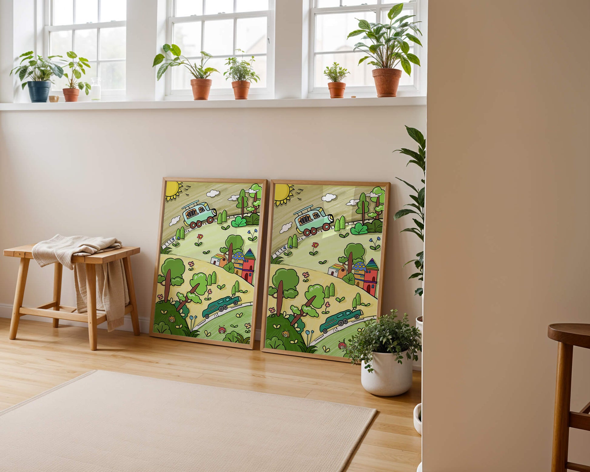 Whimsical landscape with houses, cars, and colorful flora