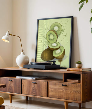 Watercolor illustration of sliced kiwi fruit with splashes