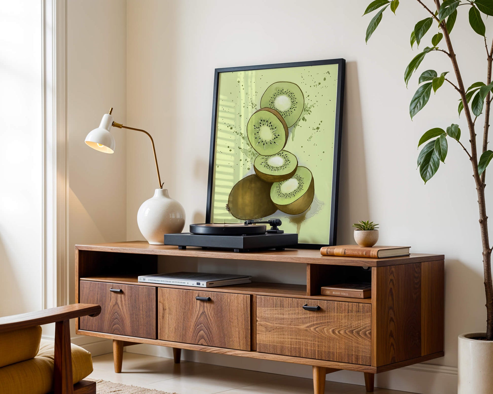 Watercolor illustration of sliced kiwi fruit with splashes