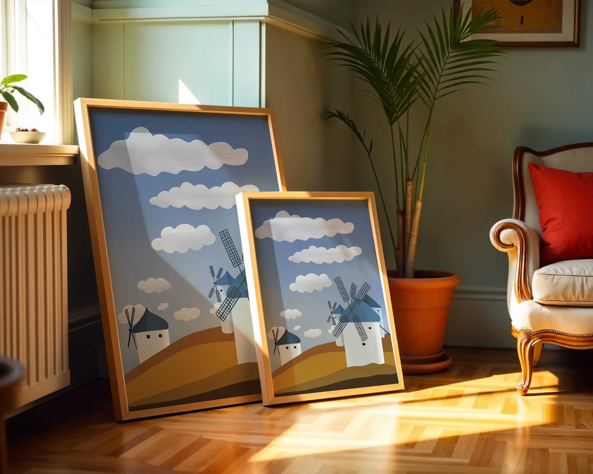 Scenic Windmills on a Sunny Day with Blue Skies and Clouds