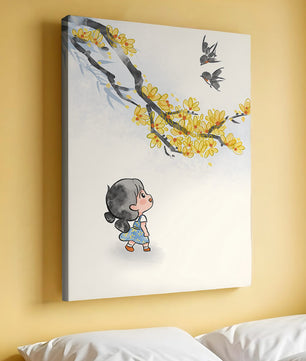 Charming illustration of a child gazing at birds and yellow blossoms