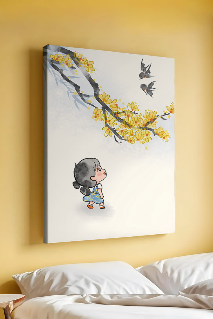 Charming illustration of a child gazing at birds and yellow blossoms