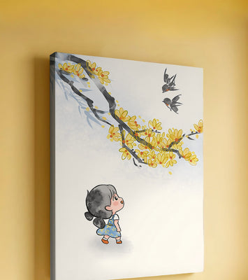 Charming illustration of a child gazing at birds and yellow blossoms