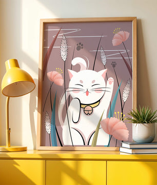 Ilustración de un gato maneki-neko en un entorno de jardín floral