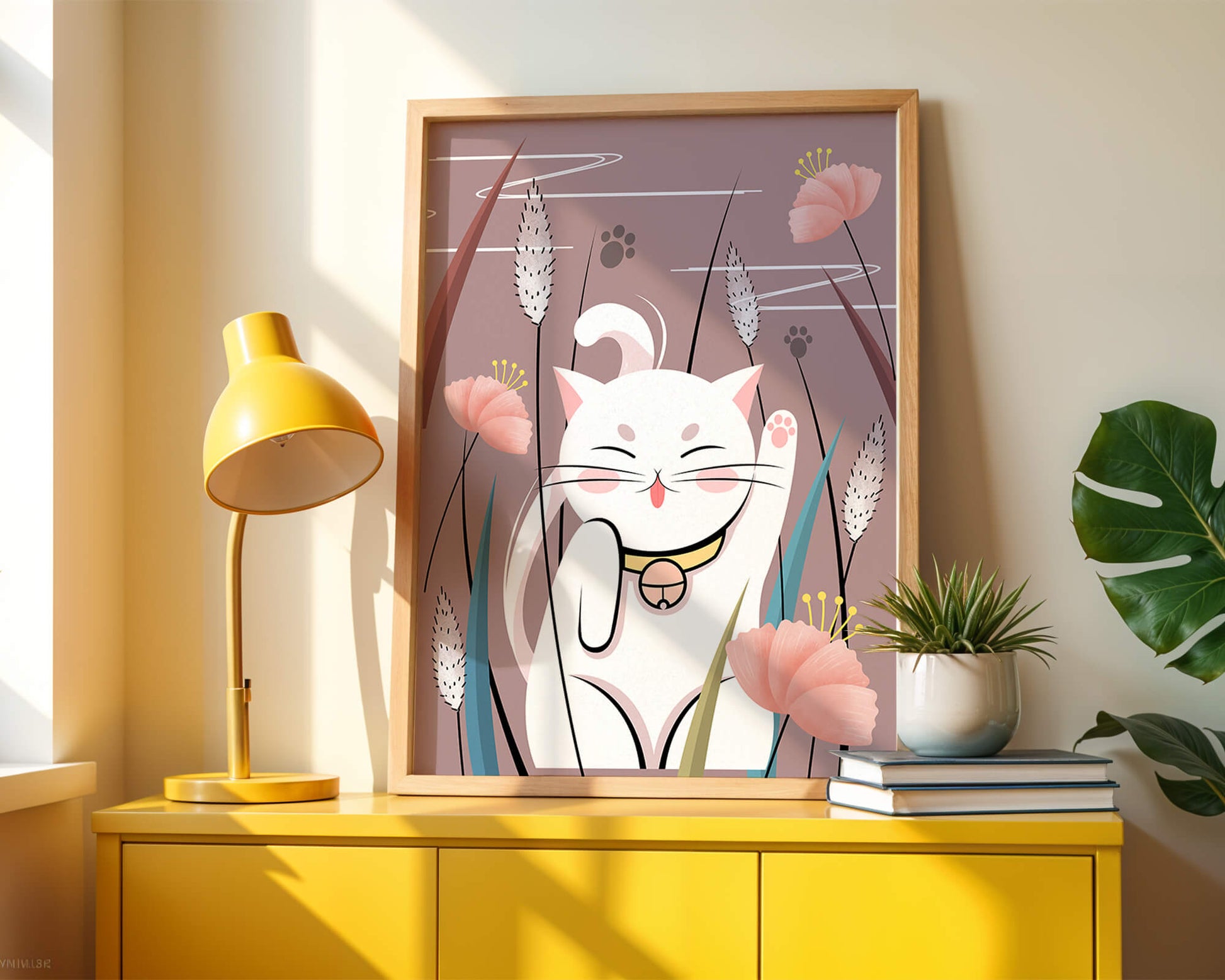 Illustration of a maneki-neko cat in a floral garden setting