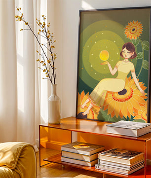 Elegant woman sitting on sunflowers in a celestial scene