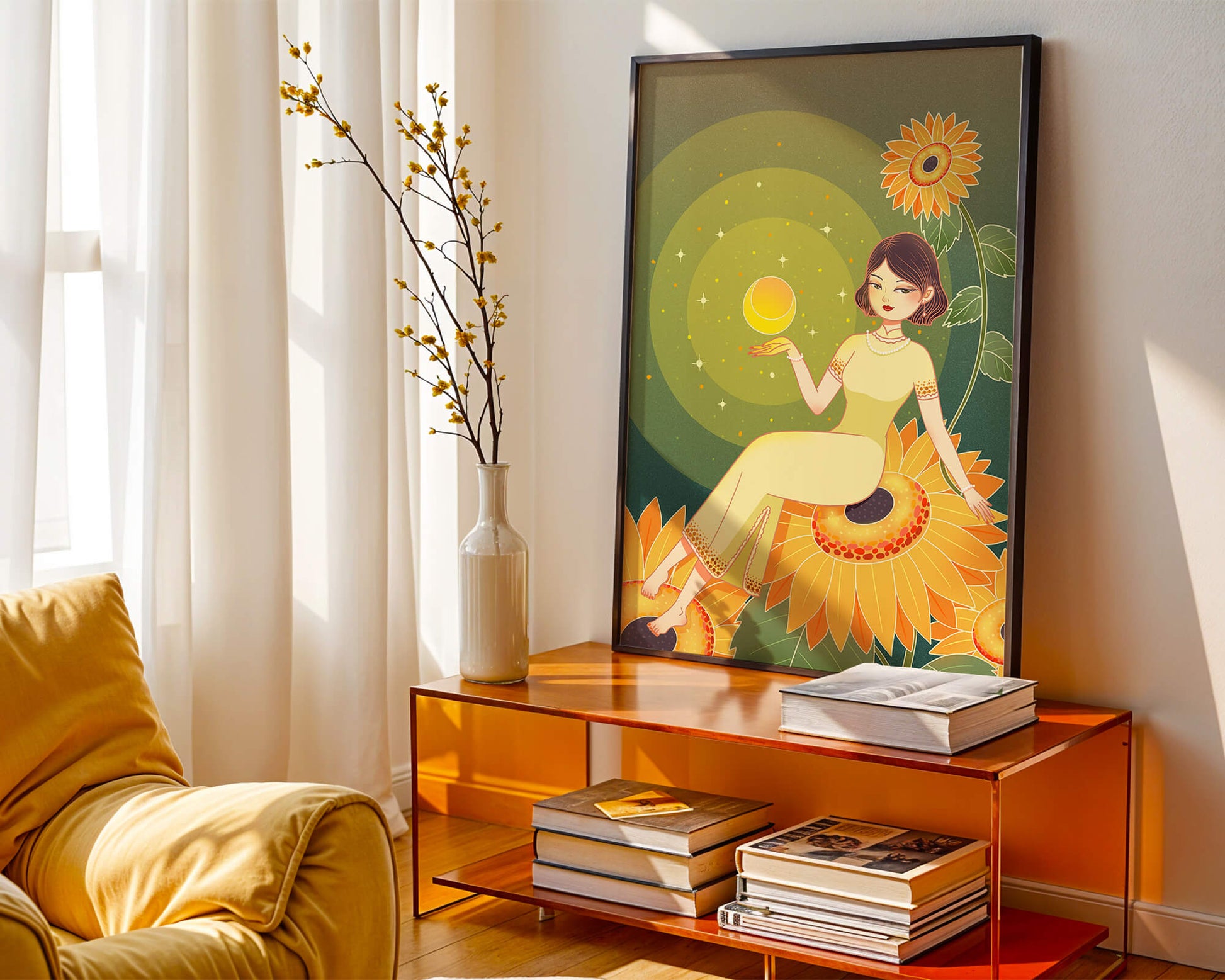 Elegant woman sitting on sunflowers in a celestial scene