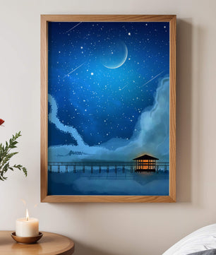 Serene Night Sky with Crescent Moon, Stars, and Pier Over Water