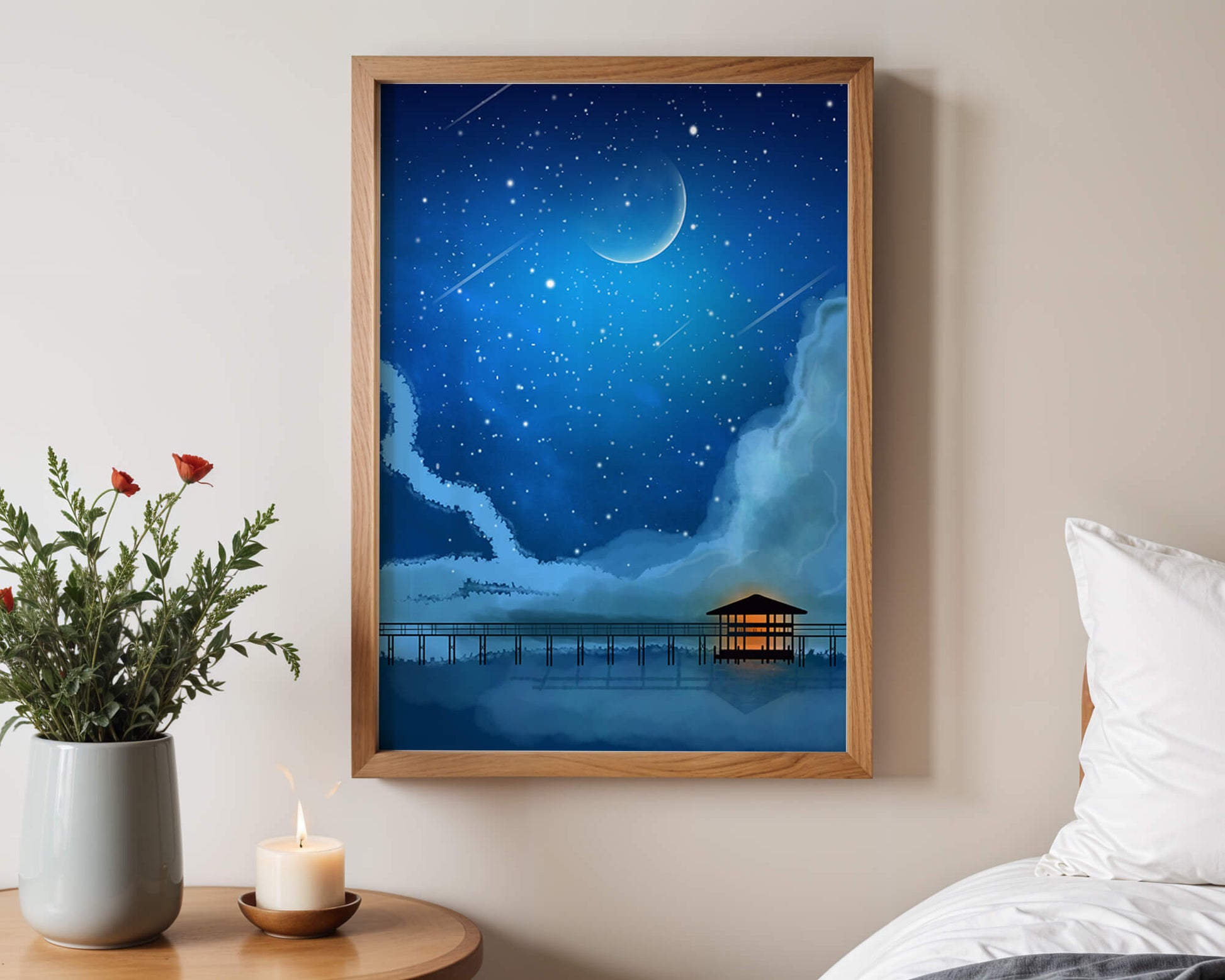 Serene Night Sky with Crescent Moon, Stars, and Pier Over Water