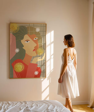 Abstract portrait artwork with geometric forms and gold accents