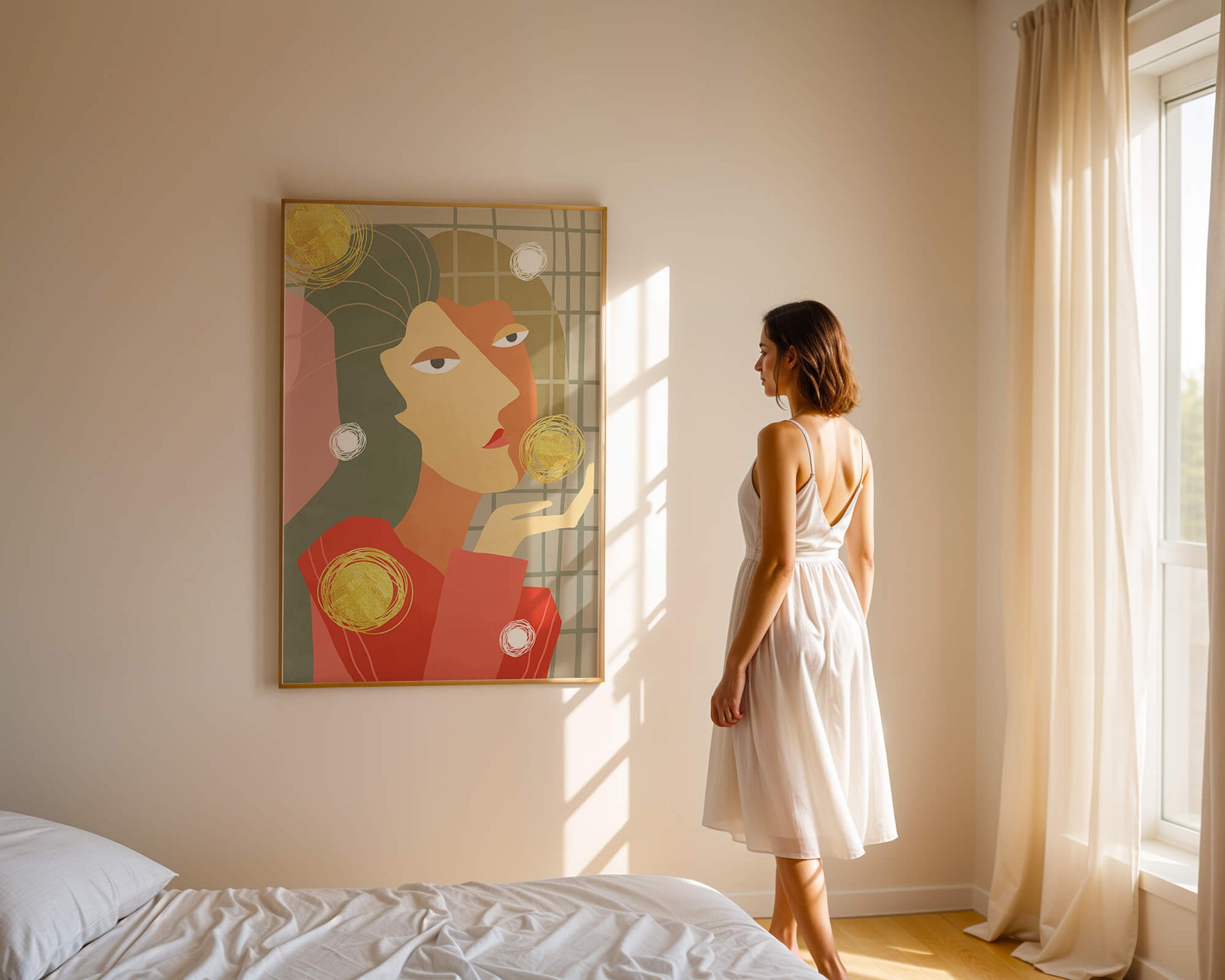 Abstract portrait artwork with geometric forms and gold accents