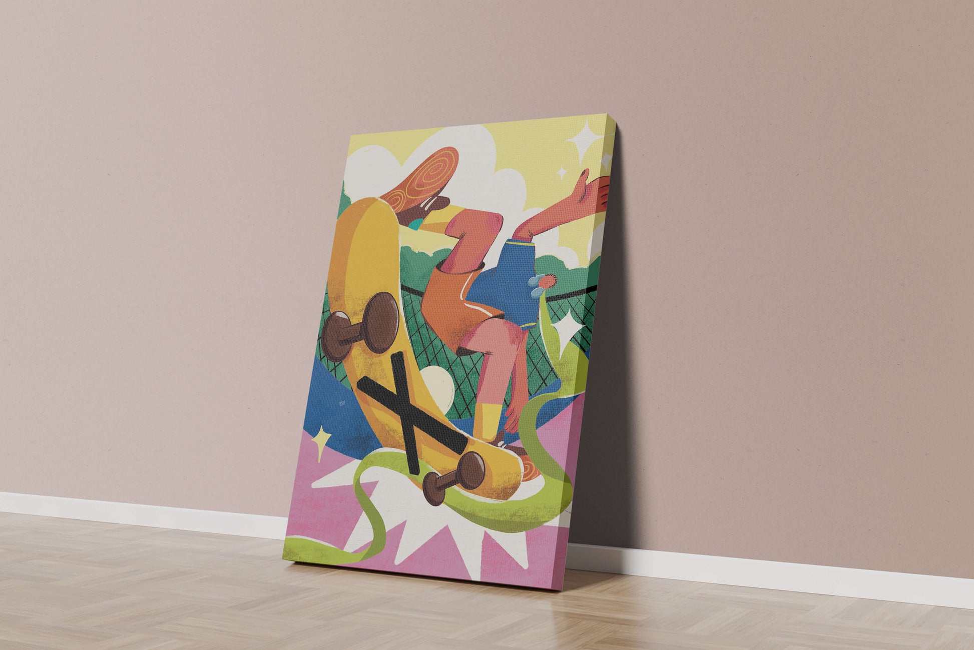 Ilustración abstracta colorida con un skater en movimiento dinámico