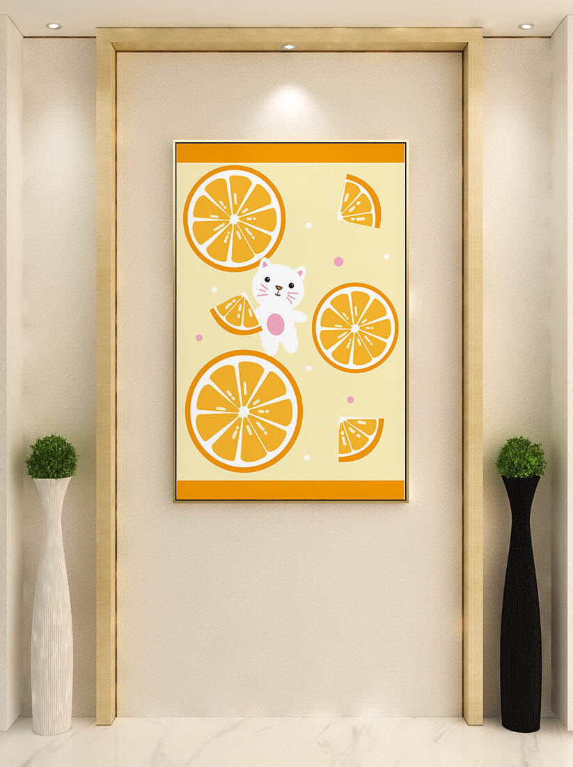 Illustration of a playful cat with orange slices on a colorful background
