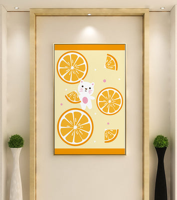 Illustration of a playful cat with orange slices on a colorful background