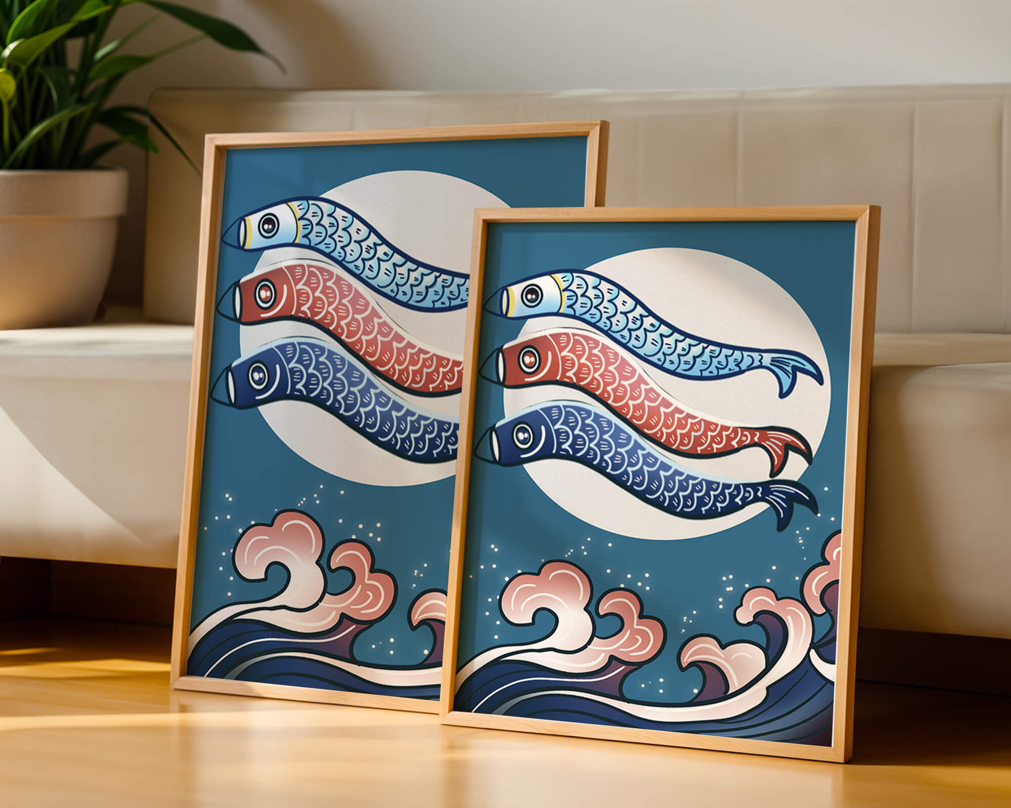 Colorful koi fish kites against a full moon with ocean waves