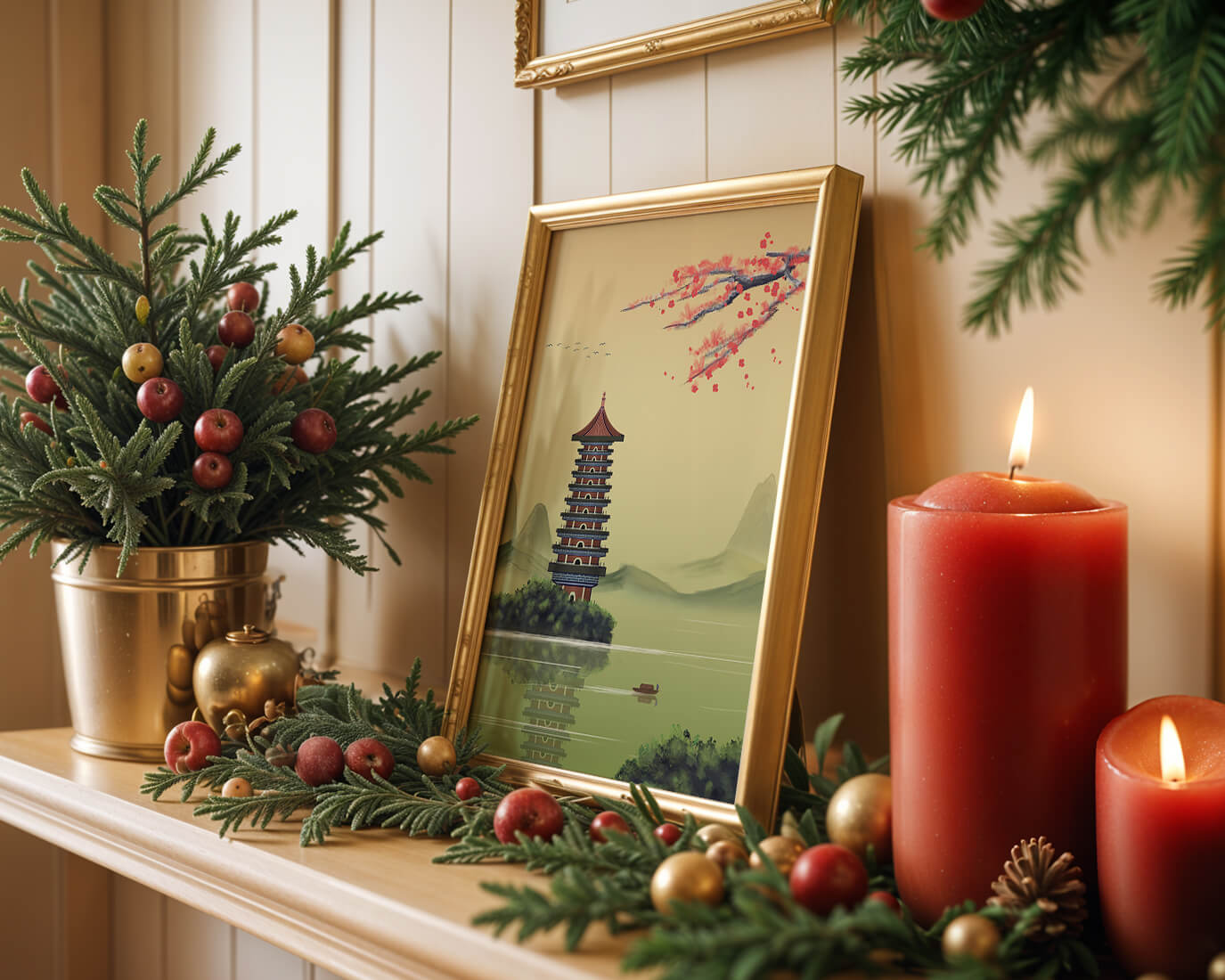 Serene landscape with traditional pagoda and blooming cherry blossoms