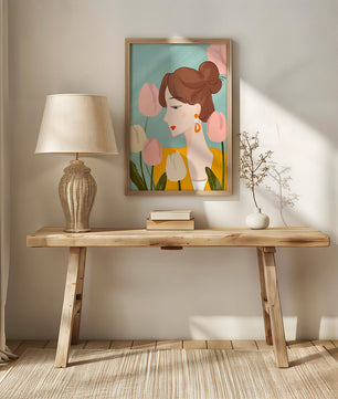 Serene woman surrounded by pastel tulips illustration