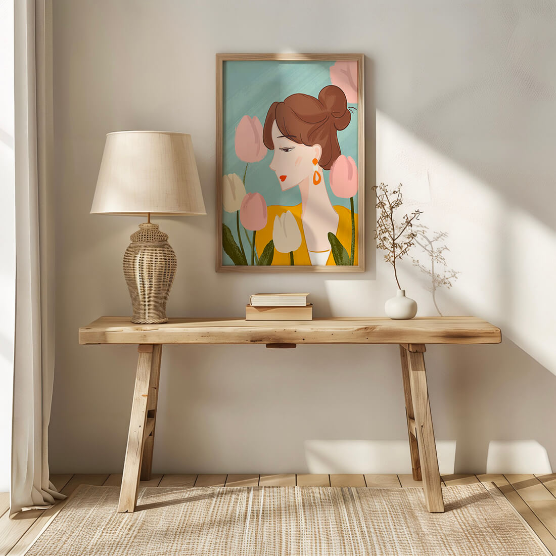 Serene woman surrounded by pastel tulips illustration