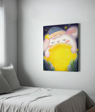 Sleepy rabbit with starry hat holding a glowing ball in a dreamy night scene