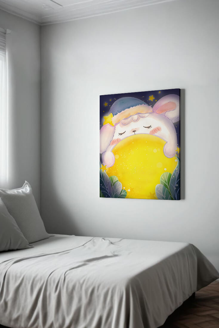 Sleepy rabbit with starry hat holding a glowing ball in a dreamy night scene