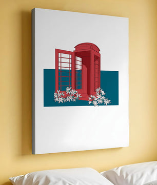 A Pink Phone Booth Surrounded by Flowers on a Teal Background