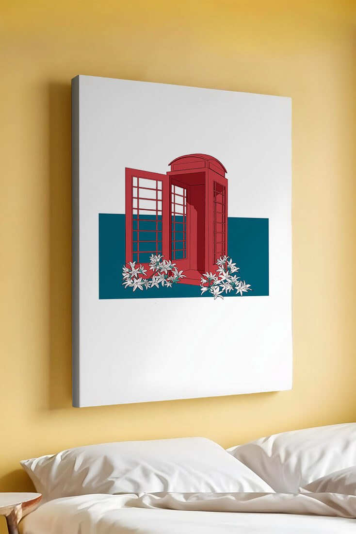 A Pink Phone Booth Surrounded by Flowers on a Teal Background