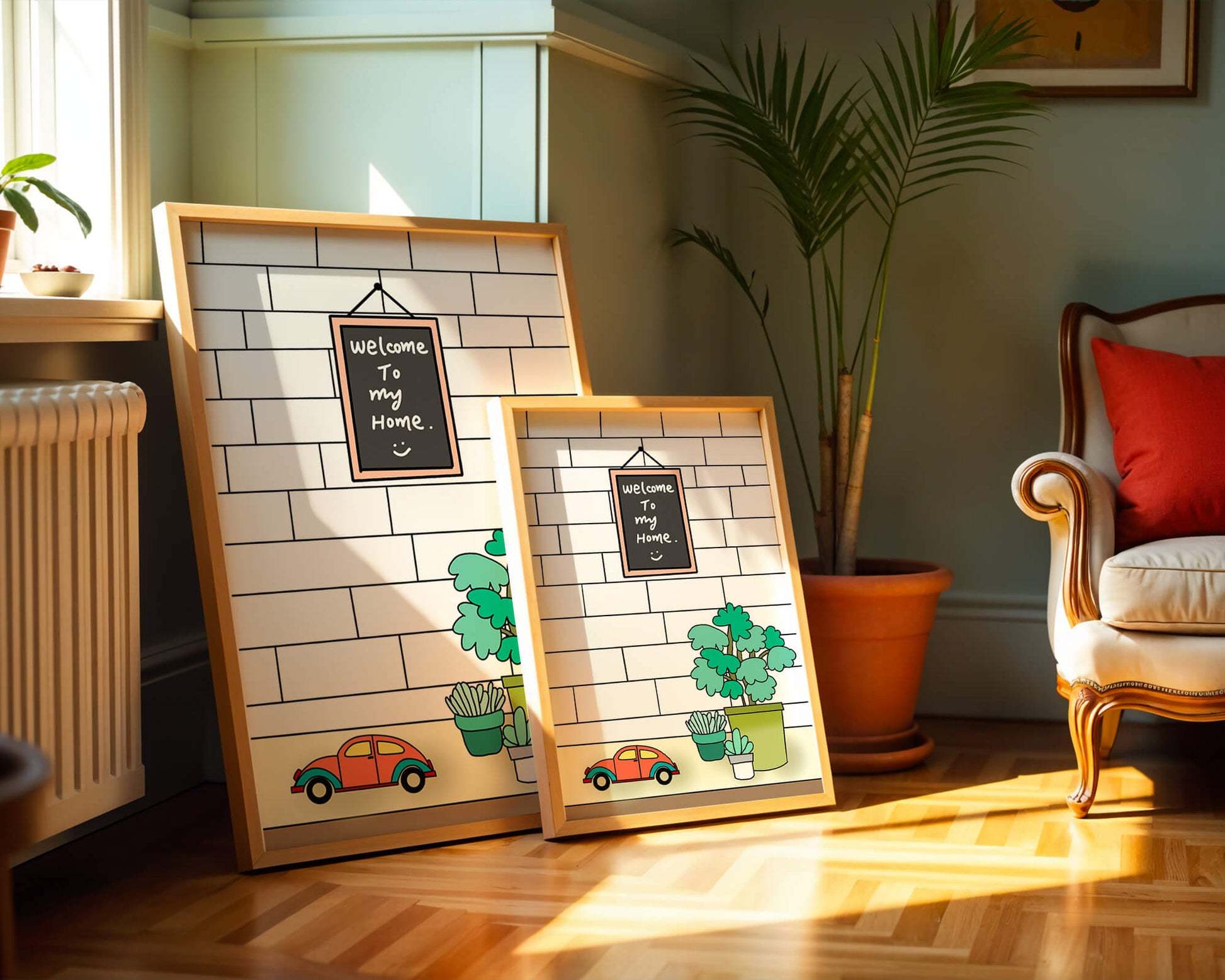 Kreidetafel-Schild mit Topfpflanzen und Spielzeugauto auf Ziegelmauer-Hintergrund