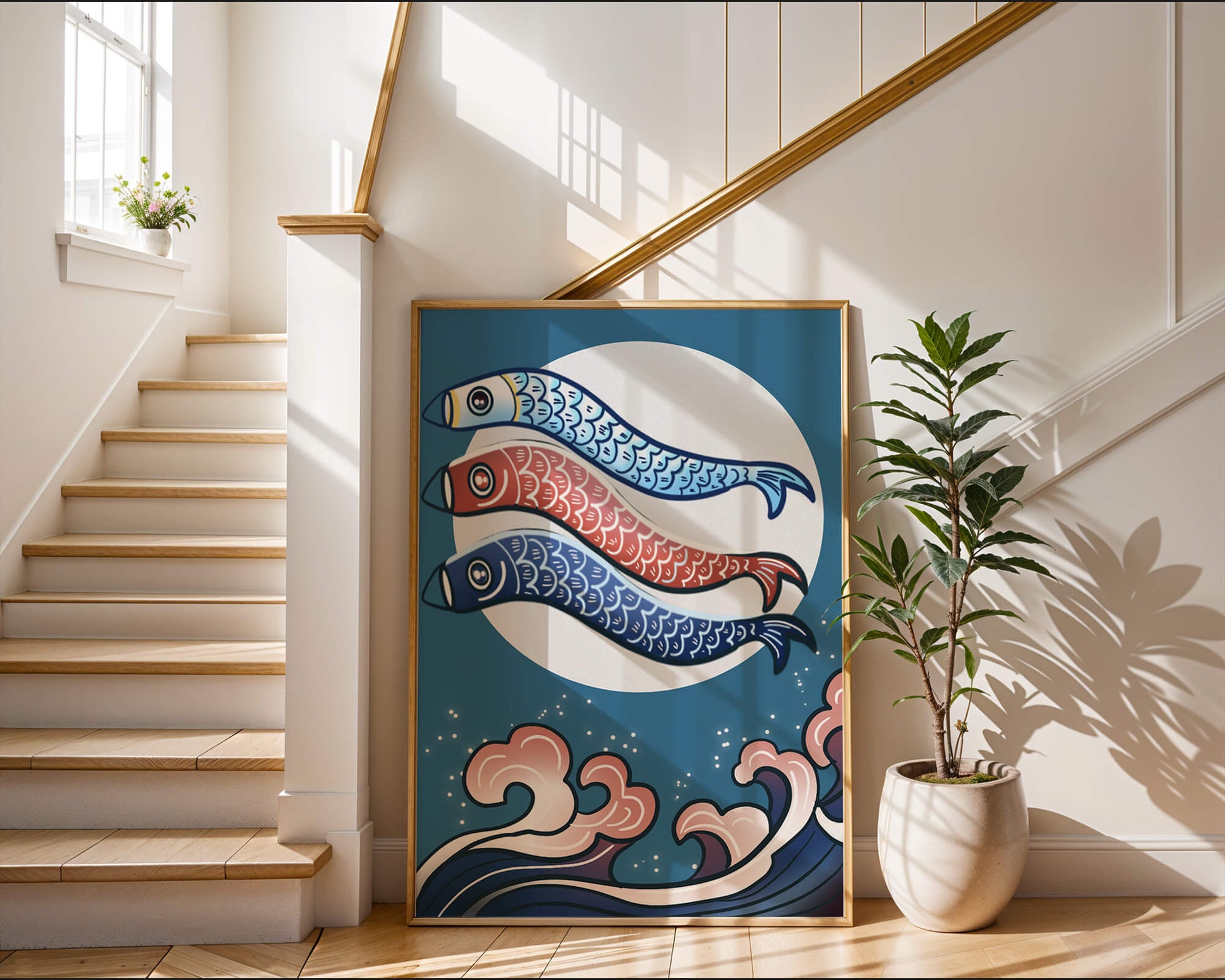 Colorful koi fish kites against a full moon with ocean waves
