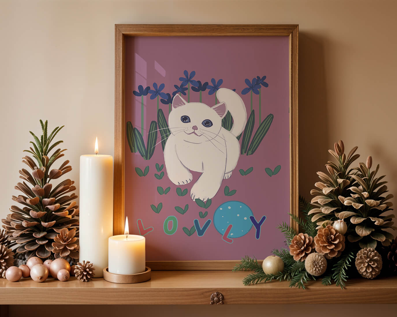 Charming illustration of a white cat in a floral field with playful text