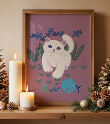Charming illustration of a white cat in a floral field with playful text