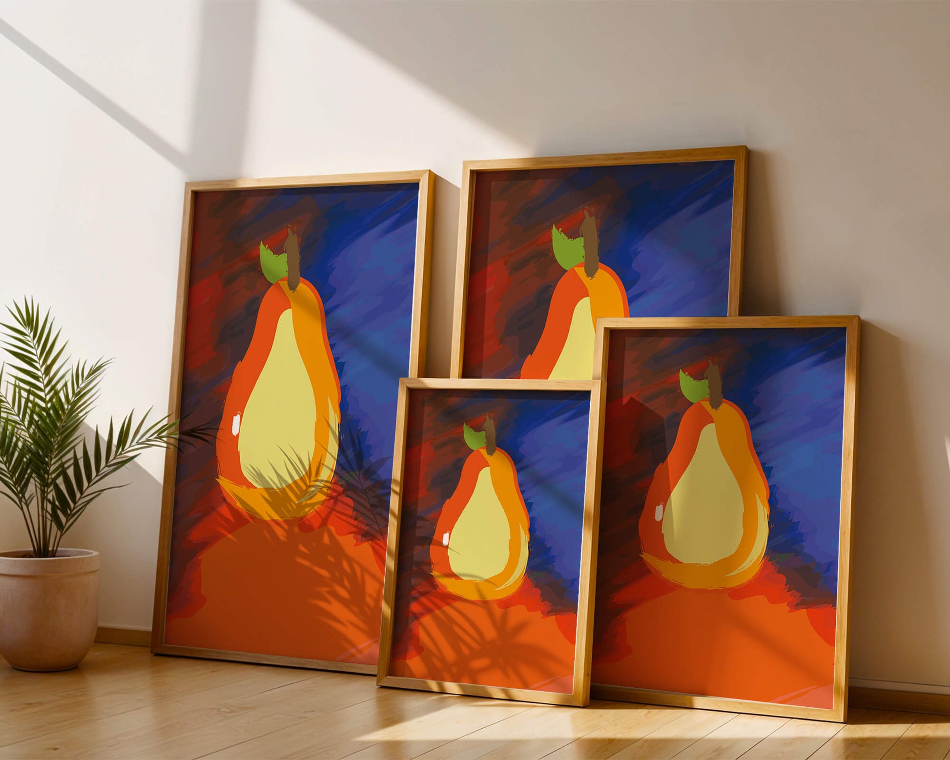Pintura abstracta de una pera colorida sobre un fondo vibrante.