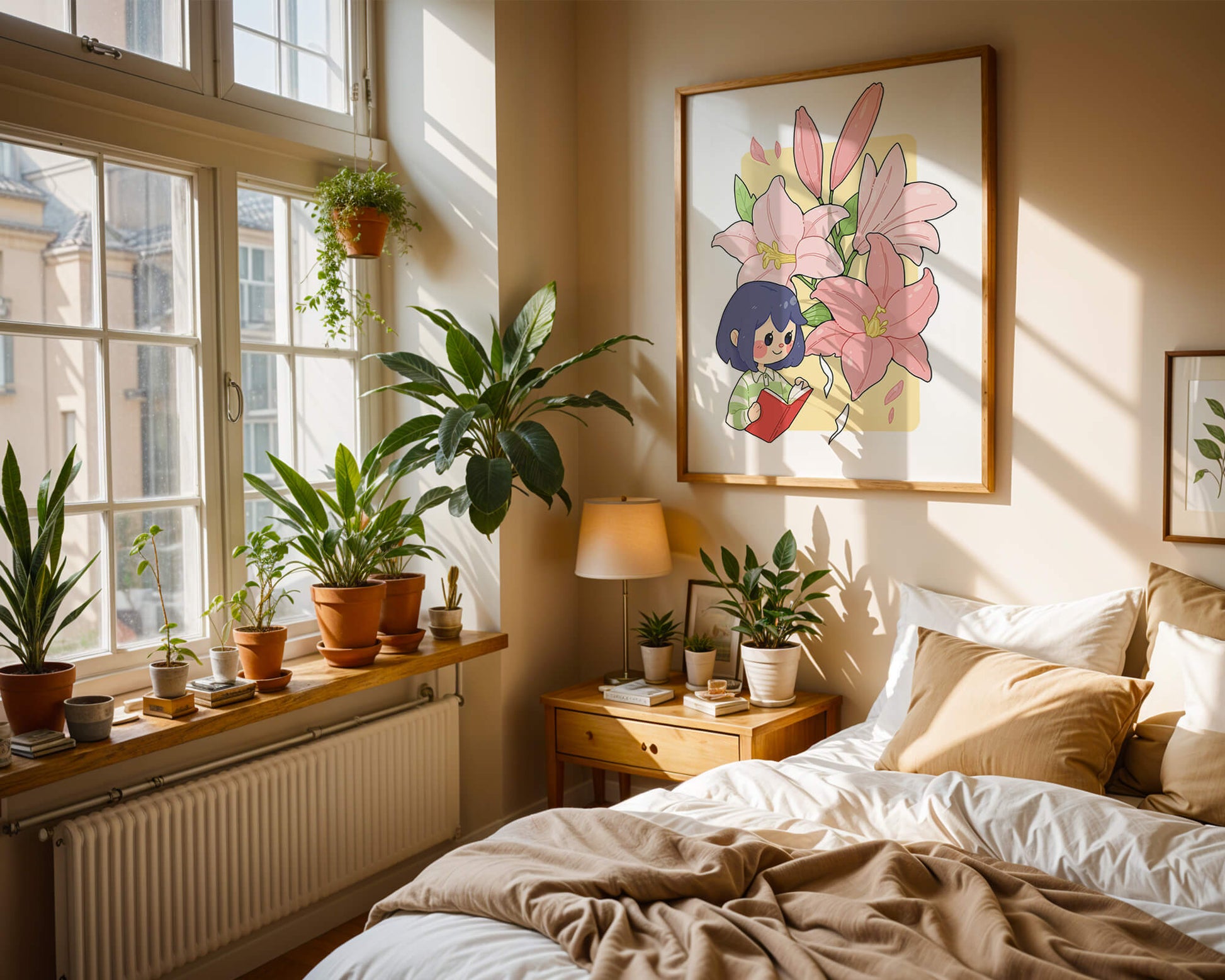 Illustration of a girl reading with large pink lilies in the background