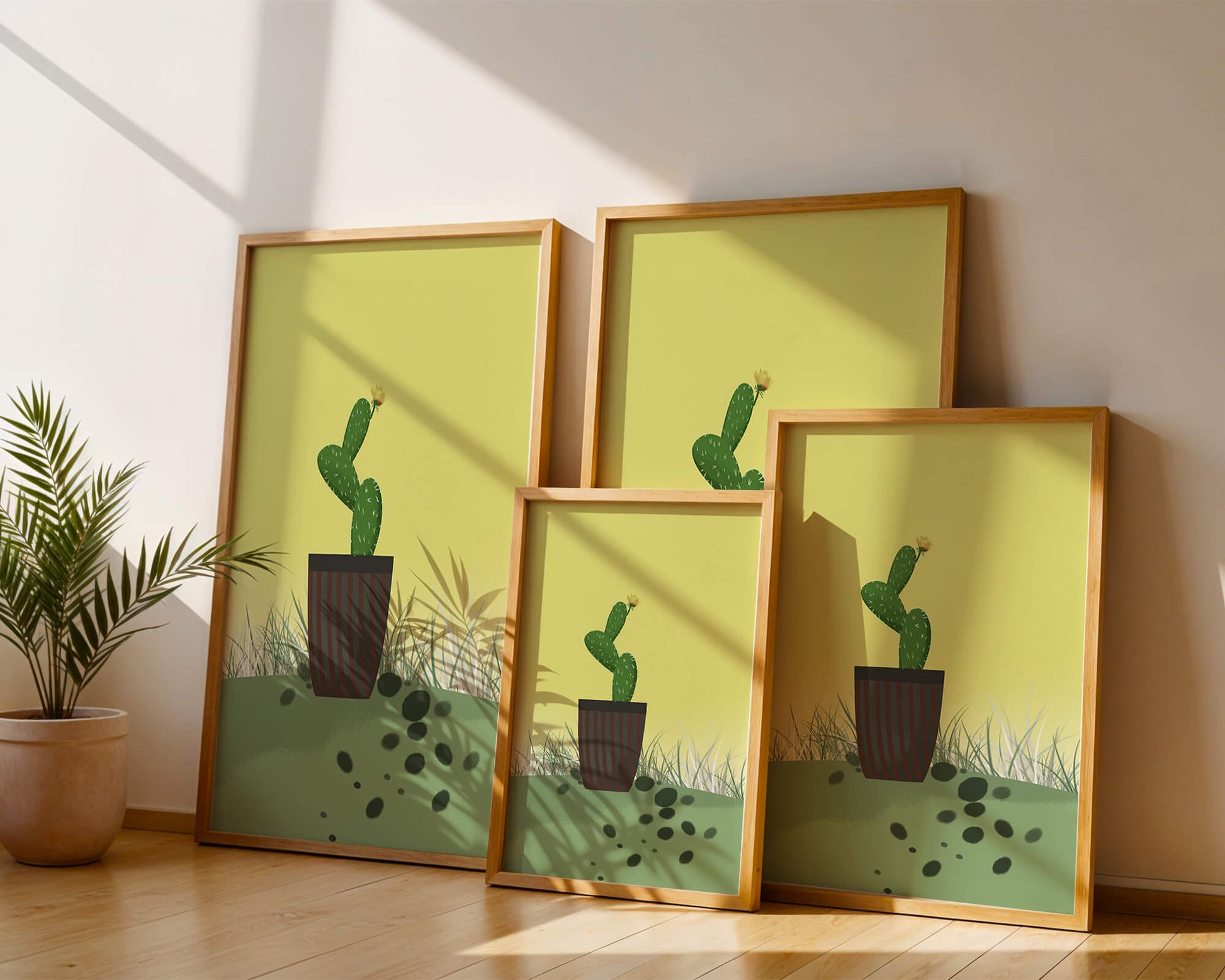 Illustration of a potted cactus with flower on soft background